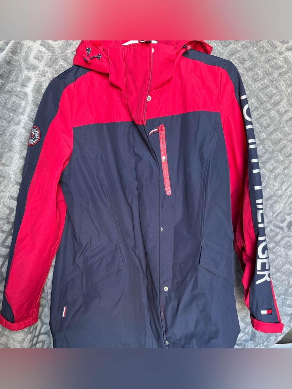 Tommy Hilfiger Men’s Red and Navy Colorblock Ski Jacket with Hood